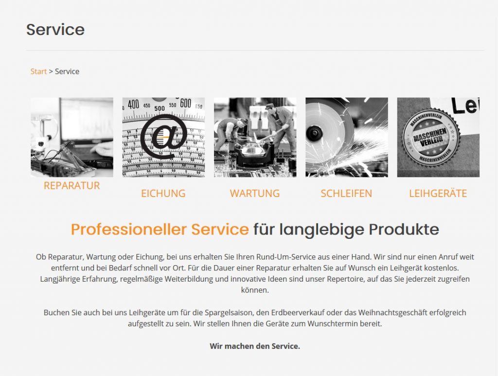 Screenshot von Service Seite